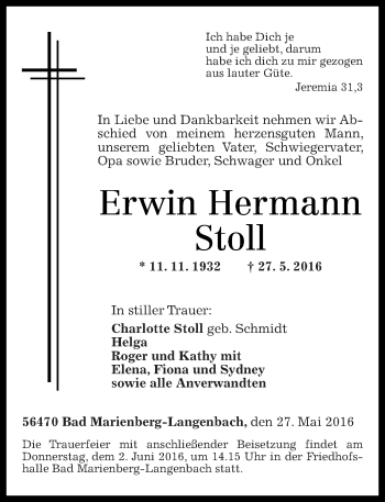 Traueranzeigen Von Erwin Hermann Stoll Rz Trauer De