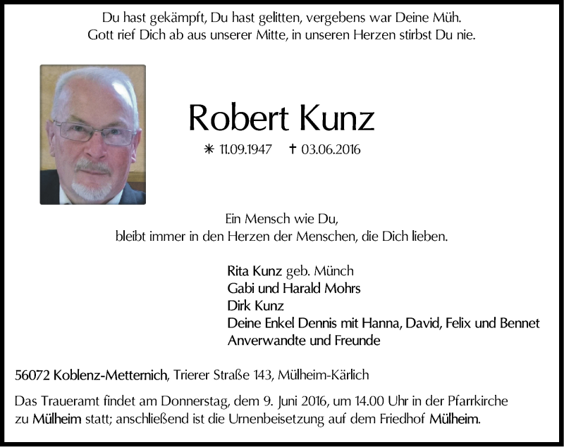 Traueranzeigen Von Robert Kunz Rz Trauer De