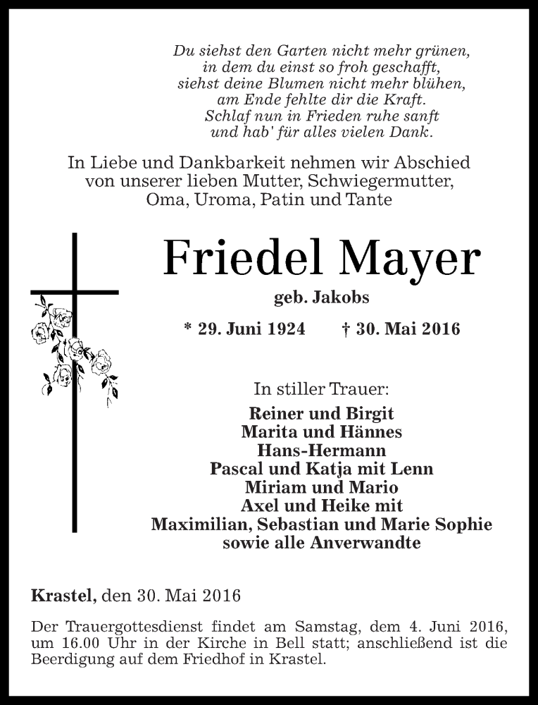 Traueranzeigen Von Friedel Mayer Rz Trauer De