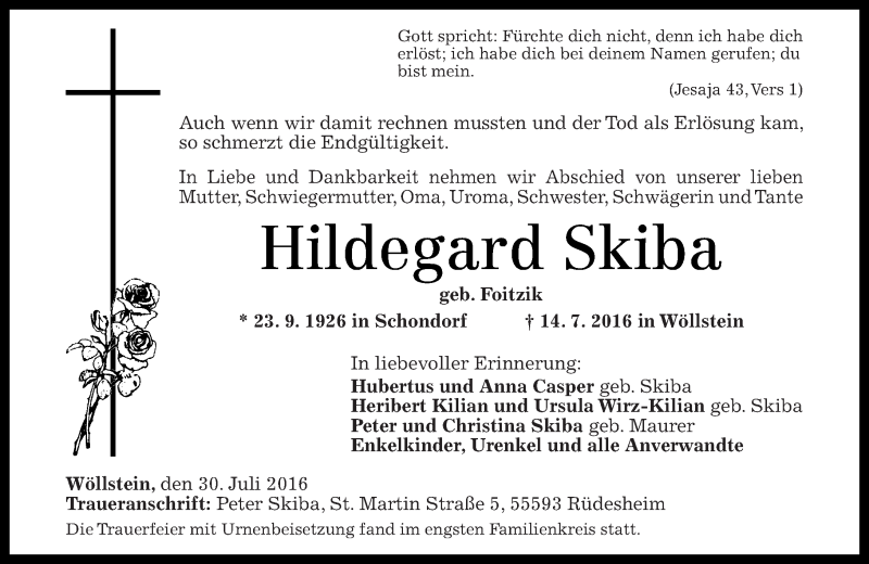 Traueranzeigen Von Hildegard Skiba Rz Trauer De