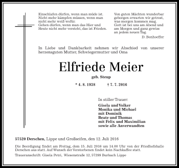 Traueranzeigen Von Elfriede Meier Rz Trauer De