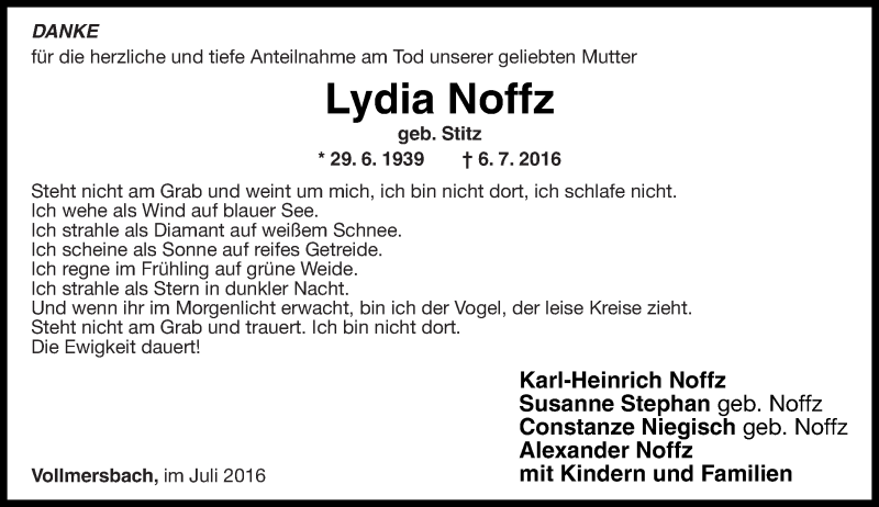 Traueranzeigen Von Lydia Noffz Rz Trauer De