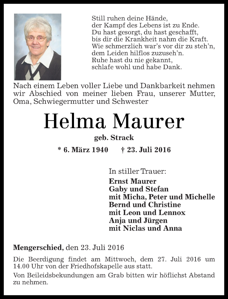 Traueranzeigen Von Helma Maurer Rz Trauer De