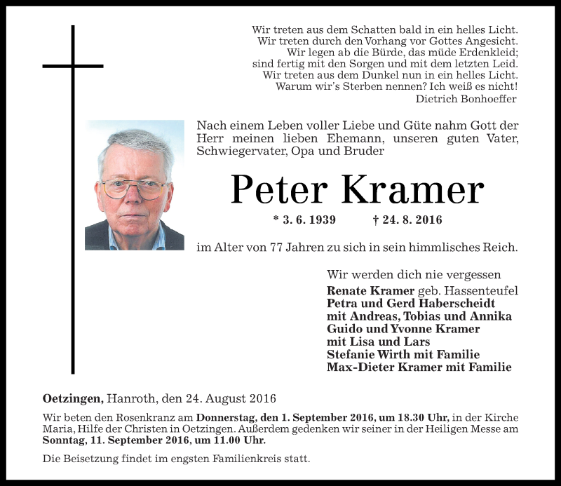 Traueranzeigen Von Peter Kramer Rz Trauer De