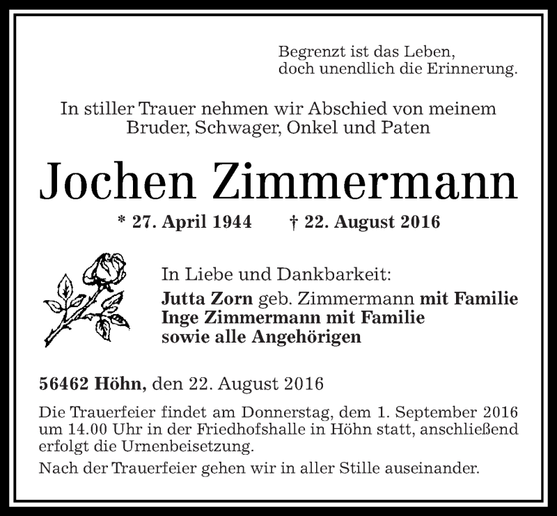 Traueranzeigen Von Jochen Zimmermann Rz Trauer De