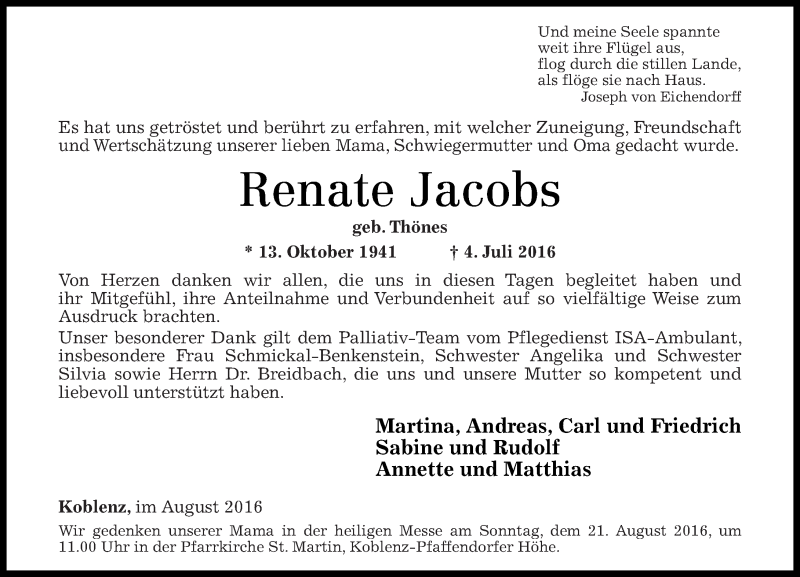 Traueranzeigen Von Renate Jacobs Rz Trauer De