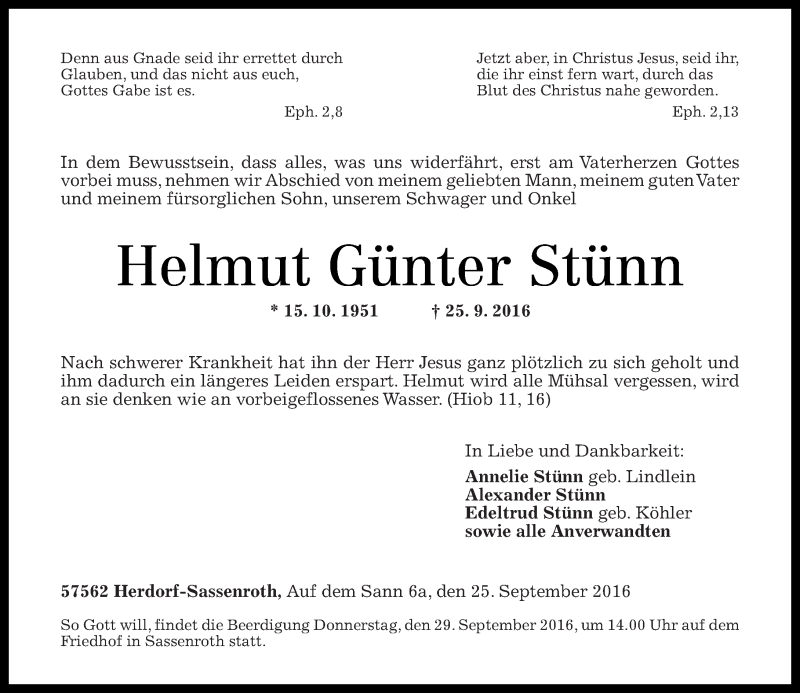 Traueranzeigen von Helmut Günter Stünn rz trauer de