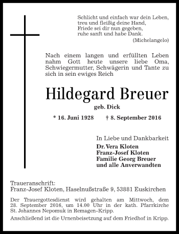 Traueranzeigen Von Hildegard Breuer Rz Trauer De