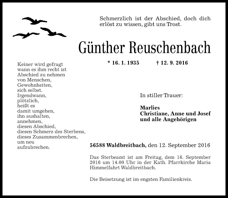 Traueranzeigen von Günther Reuschenbach rz trauer de