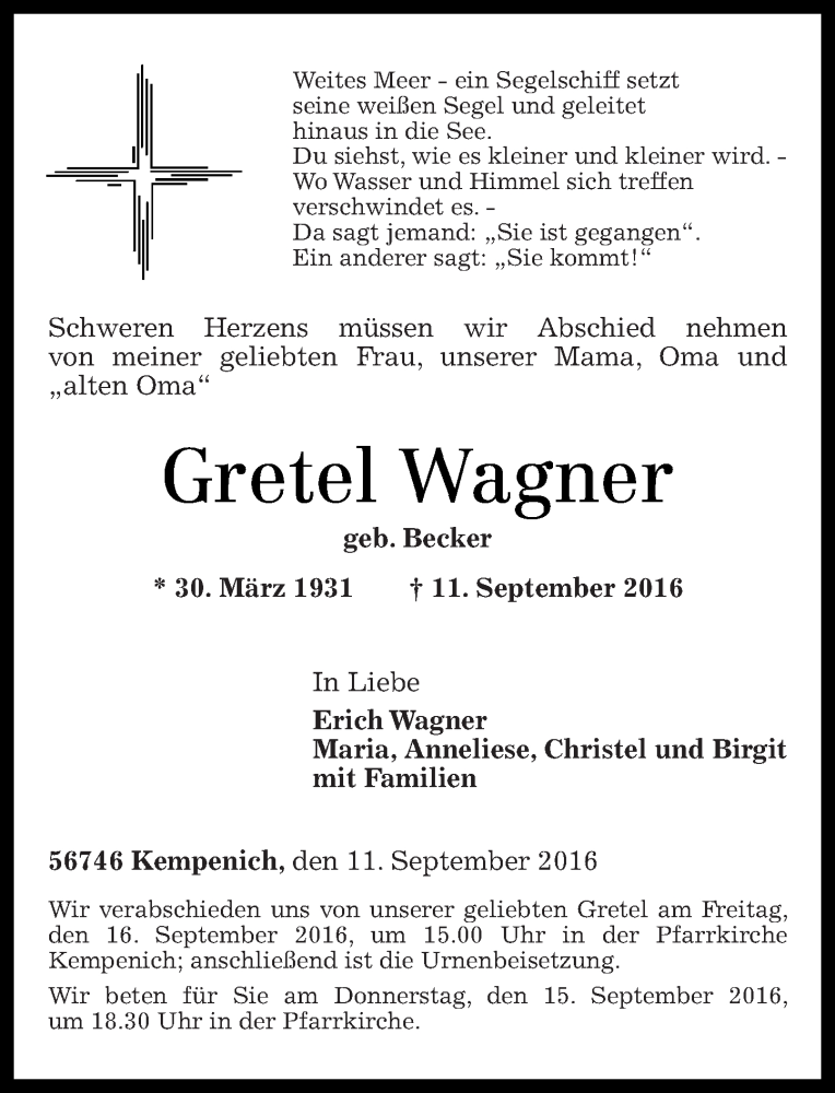 Traueranzeigen Von Gretel Wagner Rz Trauer De