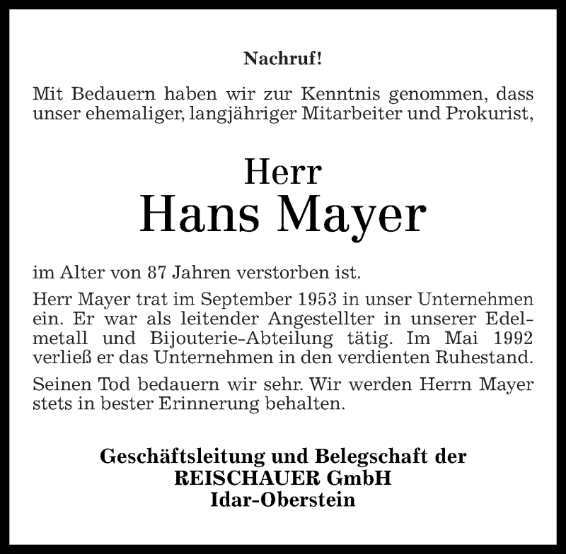 Traueranzeigen Von Hans Mayer Rz Trauer De