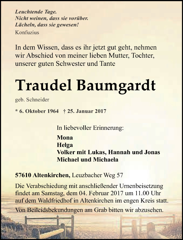 Traueranzeigen Von Traudel Baumgardt Rz Trauer De