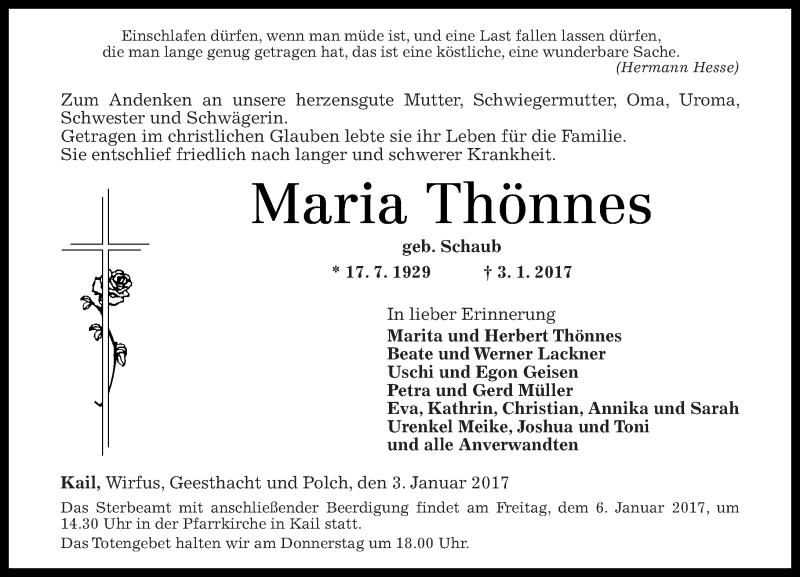 Traueranzeigen von Maria Thönnes rz trauer de