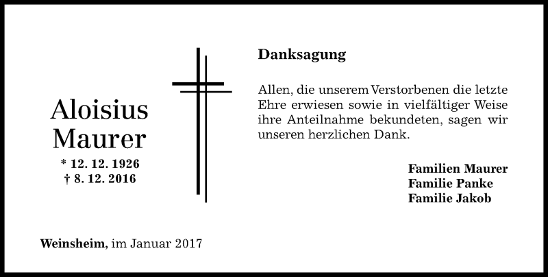 Traueranzeigen Von Aloisius Maurer Rz Trauer De