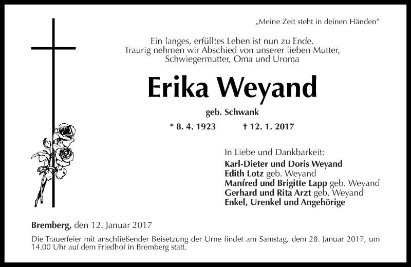 Traueranzeigen Von Erika Weyand Rz Trauer De