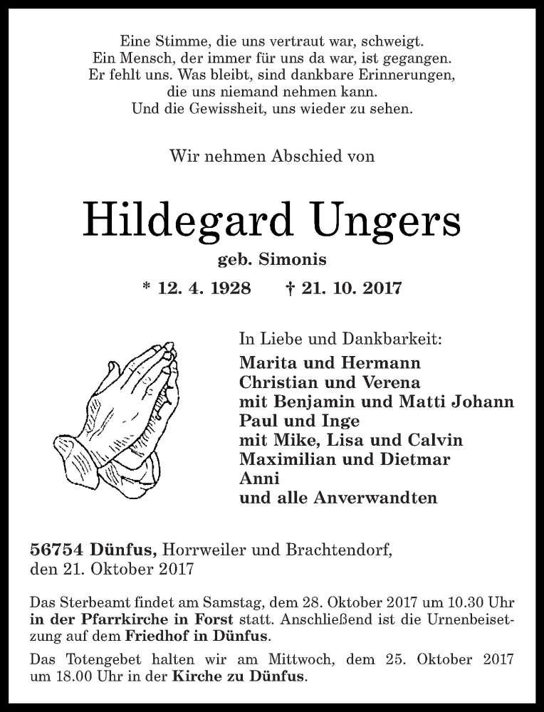 Traueranzeigen Von Hildegard Ungers Rz Trauer De