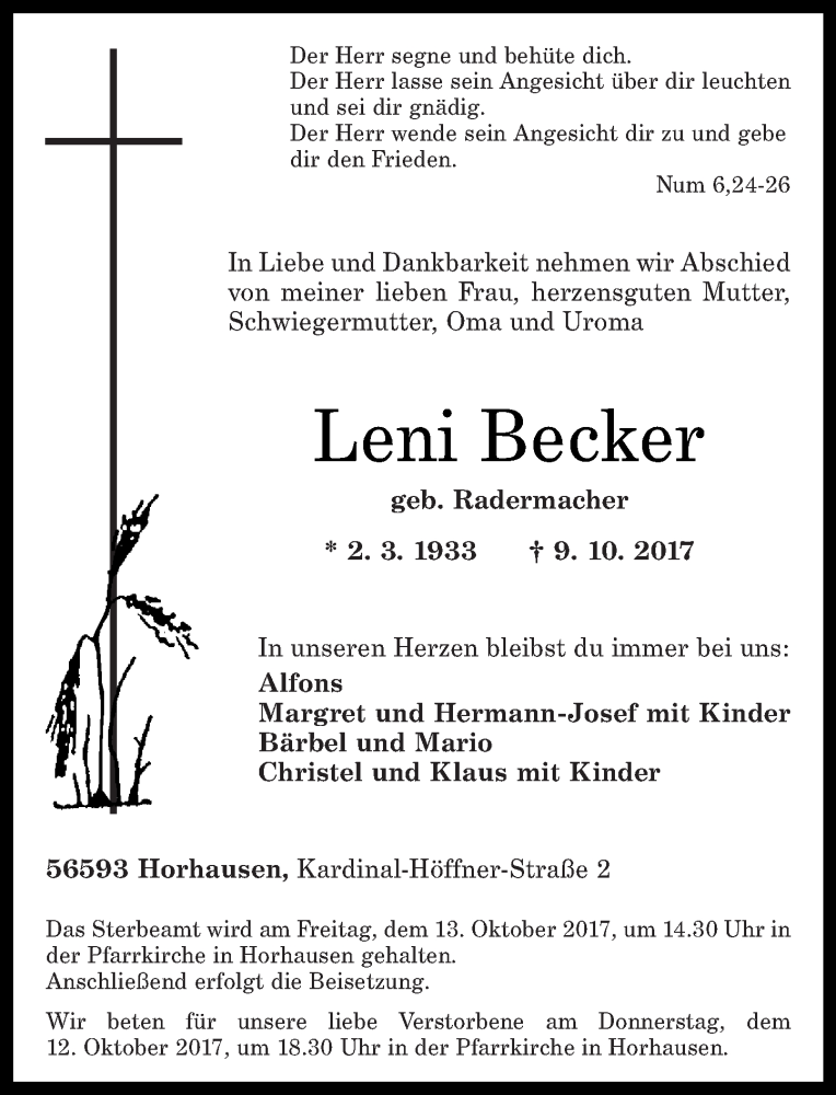 Traueranzeigen Von Leni Becker Rz Trauer De