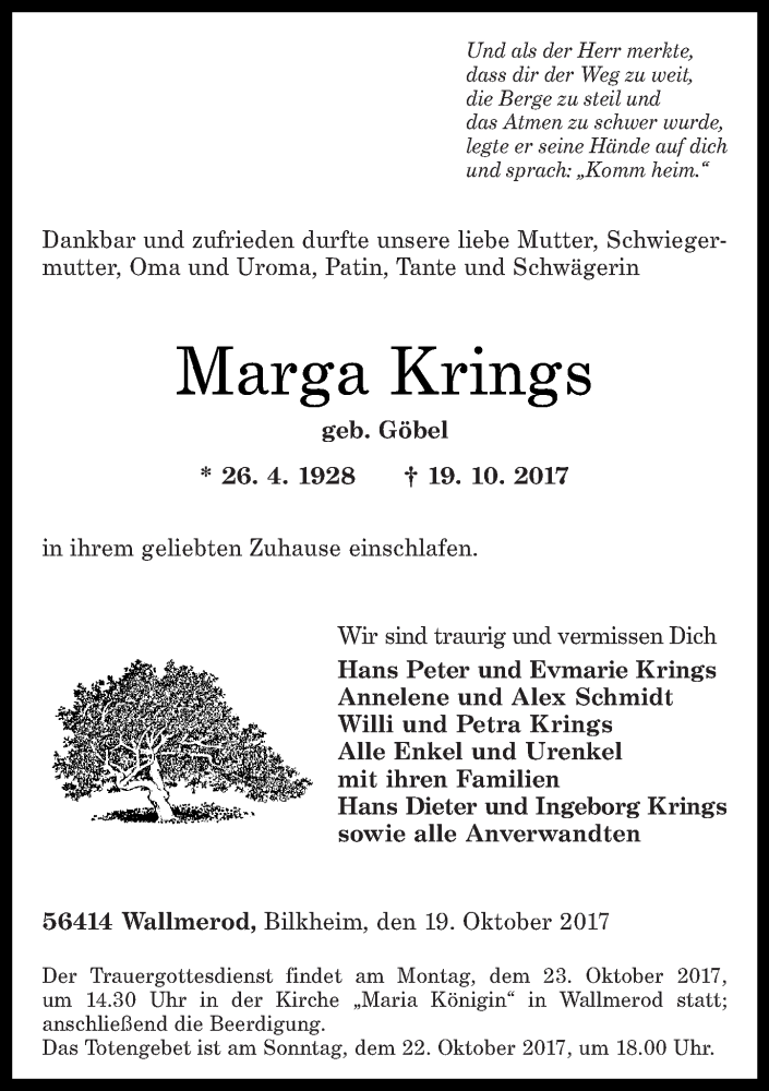 Traueranzeigen Von Marga Krings Rz Trauer De