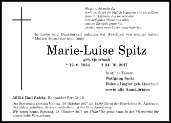 Traueranzeigen Von Marie Luise Spitz Rz Trauer De