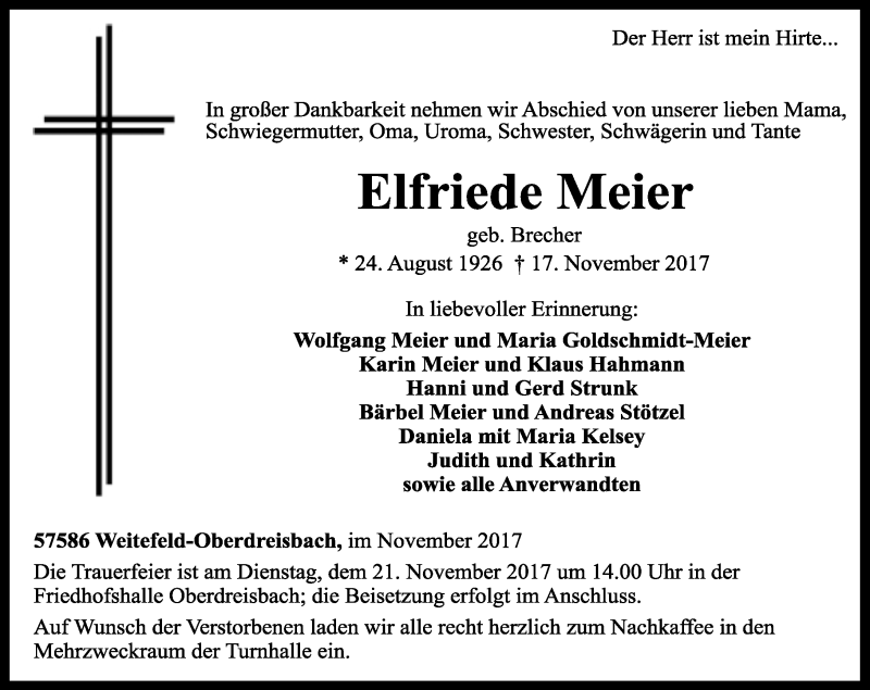 Traueranzeigen Von Elfriede Meier Rz Trauer De