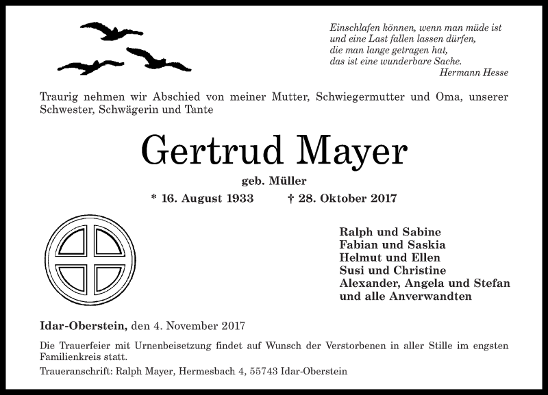 Traueranzeigen Von Gertrud Mayer Rz Trauer De