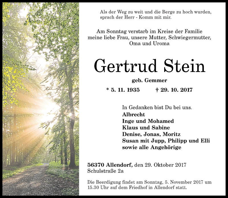 Traueranzeigen Von Gertrud Stein Rz Trauer De