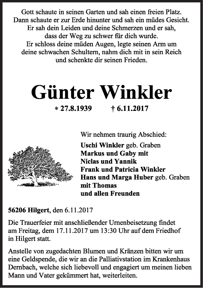 Traueranzeigen von Günter Winkler rz trauer de