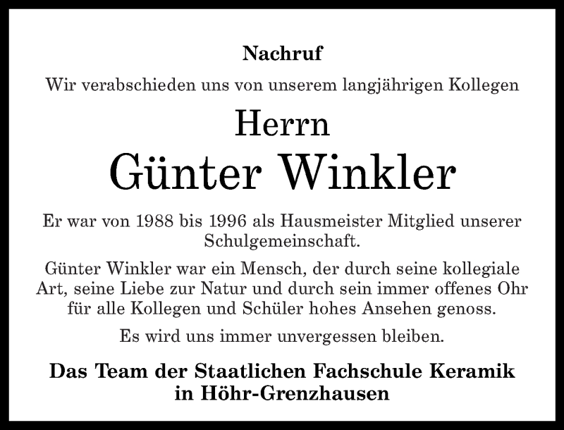 Traueranzeigen von Günter Winkler rz trauer de