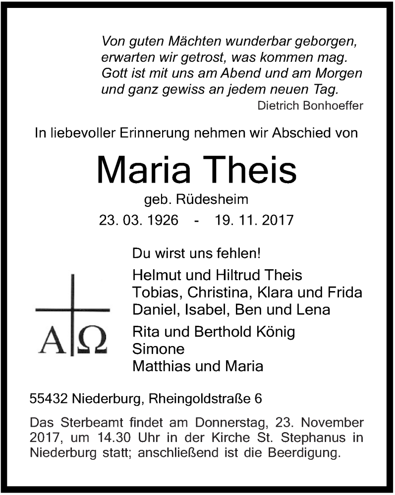 Traueranzeigen Von Maria Theis Rz Trauer De