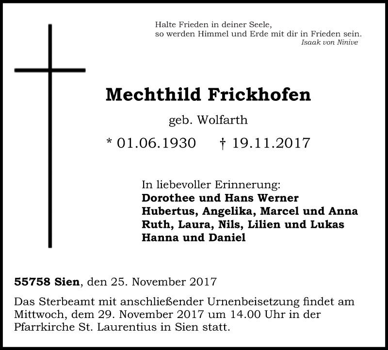 Traueranzeigen Von Mechthild Frickhofen Rz Trauer De