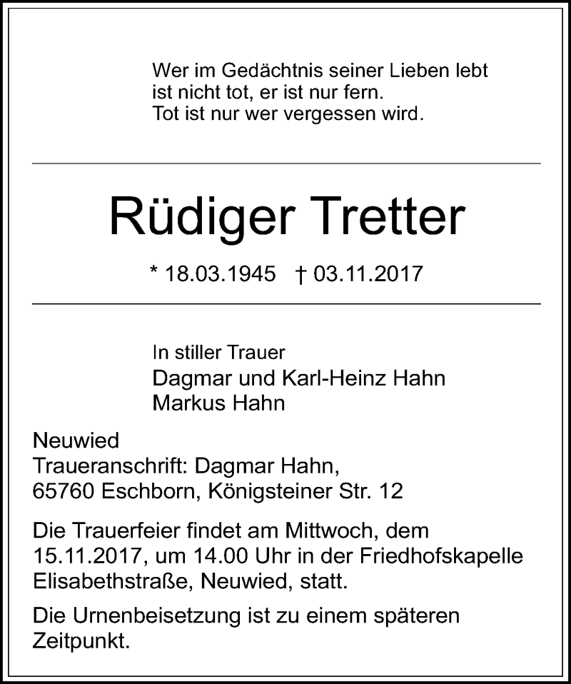 Traueranzeigen Von R Diger Tretter Rz Trauer De