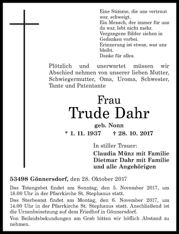 Traueranzeigen Von Trude Dahr Rz Trauer De