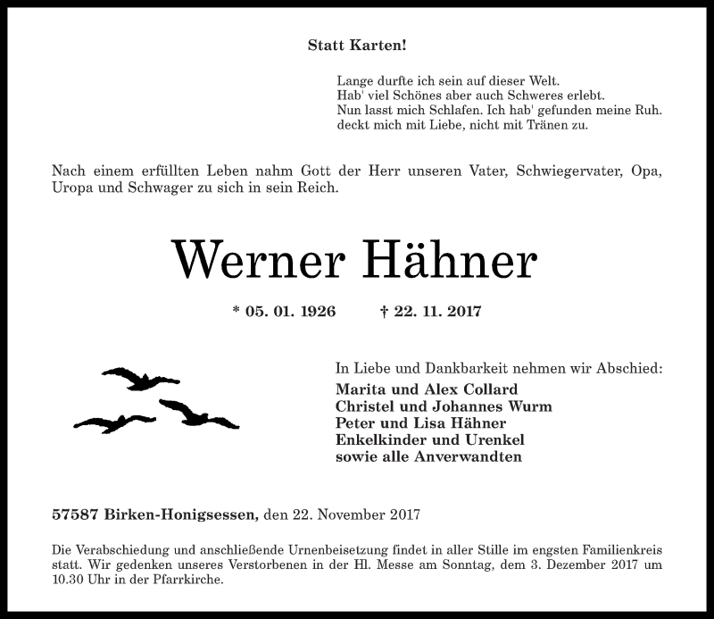 Traueranzeigen Von Werner H Hner Rz Trauer De