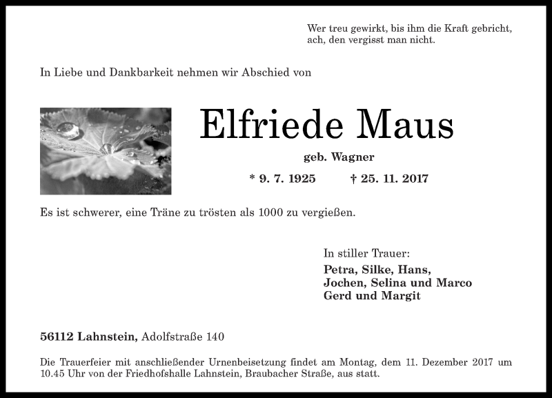 Traueranzeigen Von Elfriede Maus Rz Trauer De