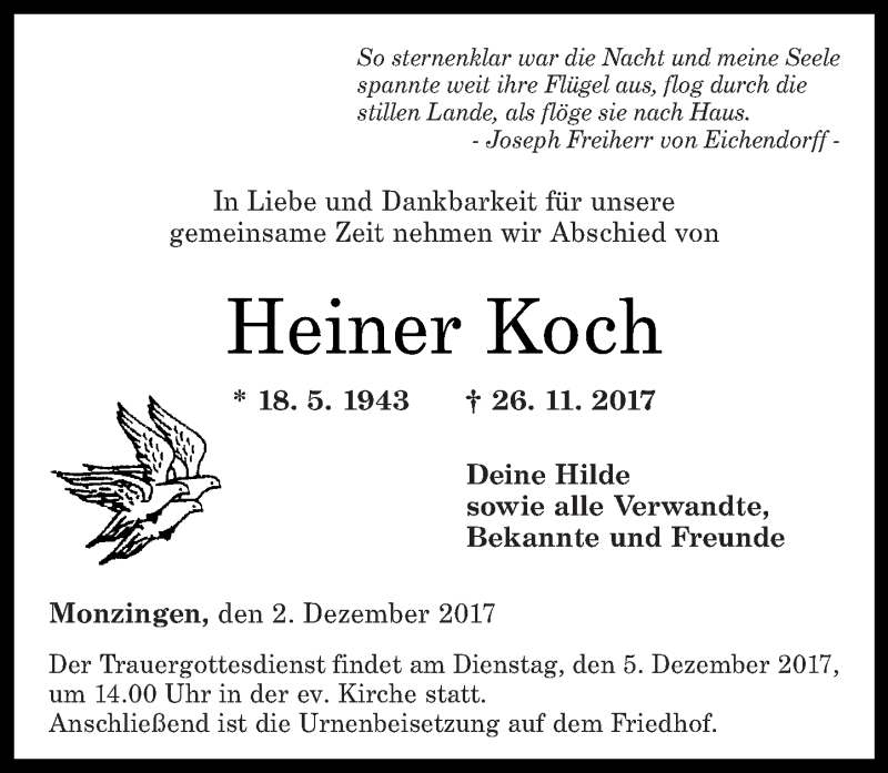 Traueranzeigen Von Heiner Koch Rz Trauer De