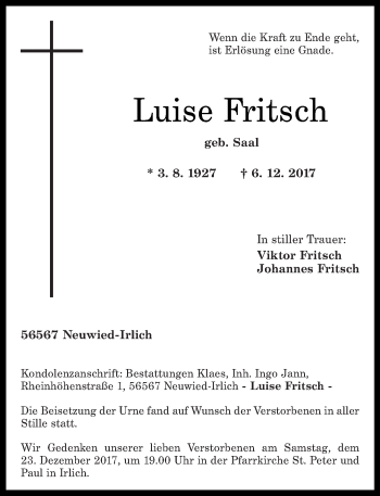 Traueranzeigen Von Luise Fritsch Rz Trauer De