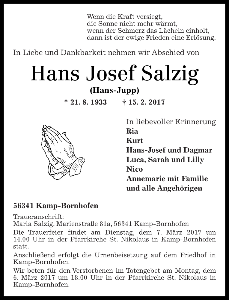 Traueranzeigen Von Hans Josef Salzig Rz Trauer De