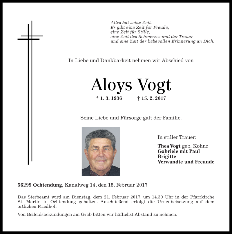 Traueranzeigen Von Aloys Vogt Rz Trauer De