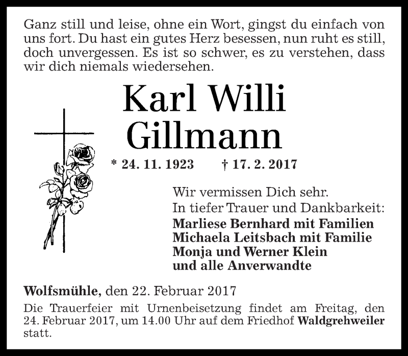 Traueranzeigen Von Karl Willi Gillmann Rz Trauer De