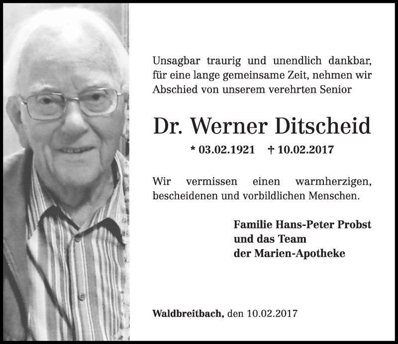 Traueranzeigen Von Werner Ditscheid Rz Trauer De