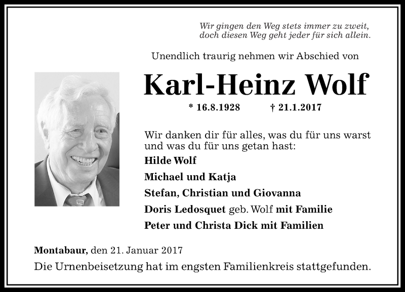 Traueranzeigen Von Karl Heinz Wolf Rz Trauer De