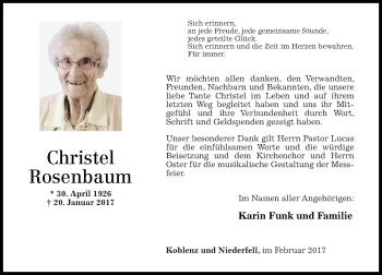 Traueranzeigen Von Christel Rosenbaum Rz Trauer De