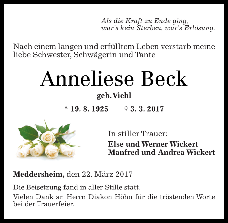 Traueranzeigen Von Anneliese Beck Rz Trauer De