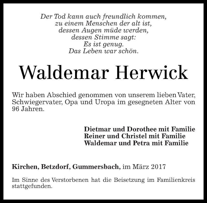 Traueranzeigen Von Waldemar Herwick Rz Trauer De