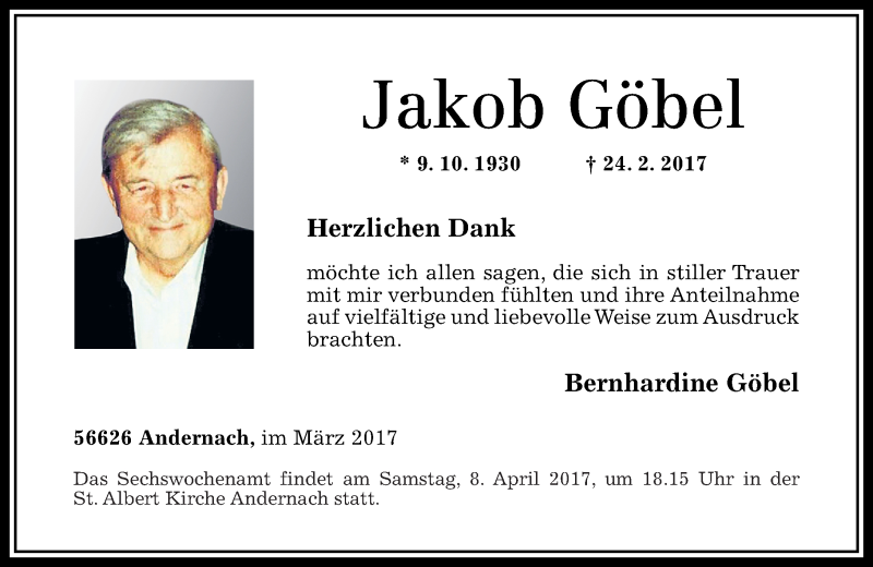 Traueranzeigen Von Jakob G Bel Rz Trauer De