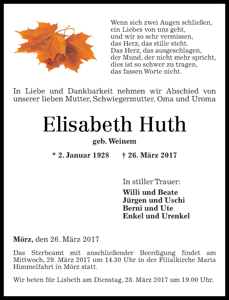 Traueranzeigen Von Elisabeth Huth Rz Trauer De