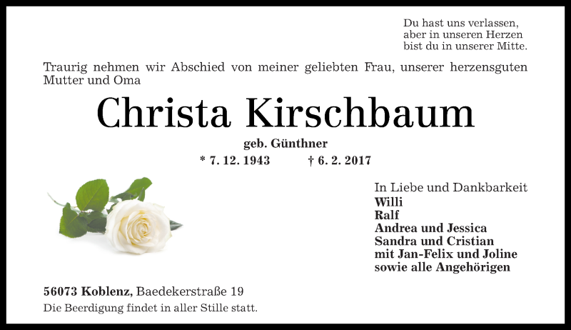 Traueranzeigen Von Christa Kirschbaum Rz Trauer De