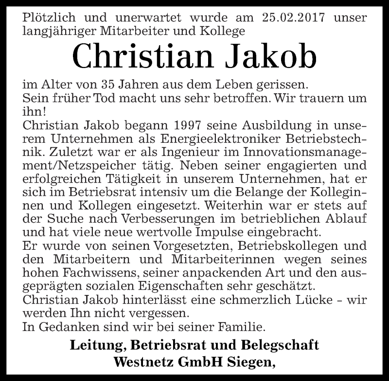 Traueranzeigen Von Christian Jakob Rz Trauer De