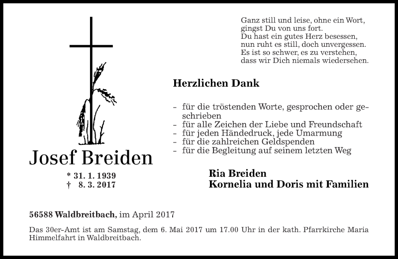 Traueranzeigen Von Josef Breiden Rz Trauer De