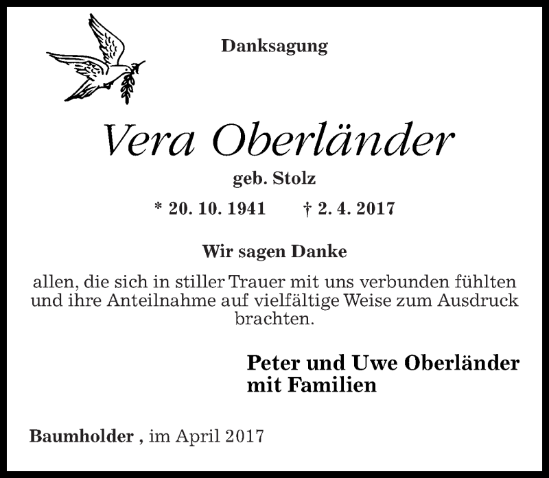 Traueranzeigen Von Vera Oberl Nder Rz Trauer De